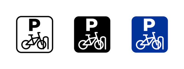 Bike parking sign icon. Bicycle parked at designated area with secure rack vector illustration. Urban transportation and parking zone symbol. Road sign for cyclists pictogram.