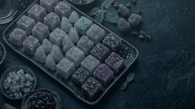 Assorted Colorful Turkish Delight Cubes on Dark Background