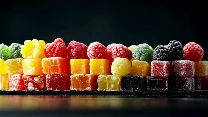Colorful Sugary Candies Arranged in a Row on Black Surface - Powered by Adobe