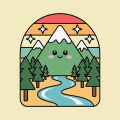 Cute Mountain Landscape with Trees and River Illustration