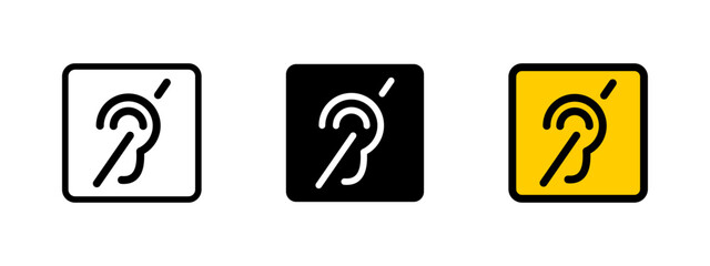 Hearing icon. Human ear with sound waves for accessibility deaf or hard-of-hearing individuals vector illustration. Used in public spaces for assistive listening support symbol. Accessibility sign.