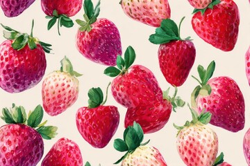 Seamless watercolor pattern with multicolored strawberries on white background. Bright fruit texture for packaging, textile, and summer design.