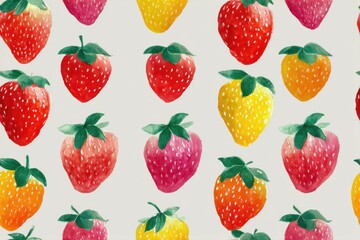 Seamless watercolor pattern with multicolored strawberries on white background. Bright fruit texture for packaging, textile, and summer design.