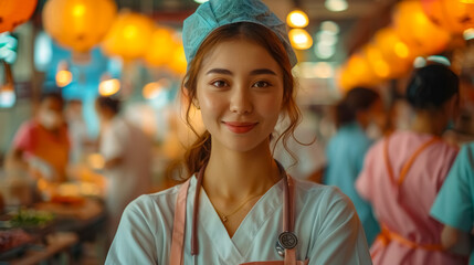 Asian female nurse in uniform smiling at an open market with warm lighting and background activity. Symbolizes care, compassion, and cultural diversity in healthcare.