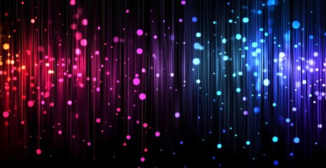 Abstract background with lines and dots of light, forming an illuminated landscape in the dark sky, creating a futuristic digital environment. A colorful pattern of glowing lines creates a dynamic 