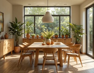 Fototapeta premium Warm modern dining room featuring a natural wood table, mid-century chairs, terracotta pots with lush greenery.