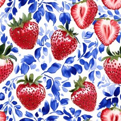 Seamless watercolor pattern with strawberries and blue floral ornament on white background. Decorative fruit texture for textile and packaging.