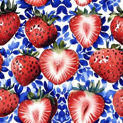 Seamless watercolor pattern with strawberries and blue floral ornament on white background. Decorative fruit texture for textile and packaging.