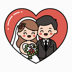 Cute Wedding Couple in Heart Frame Cartoon Style