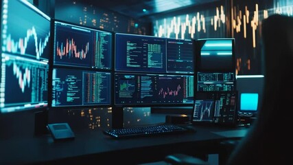 Workspace with multiple monitors displaying stock market data and financial analysis charts - Powered by Adobe