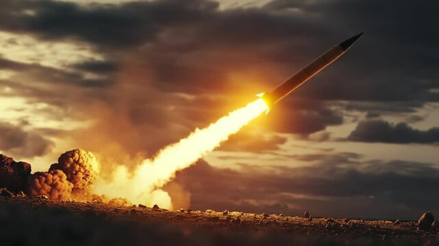 Spectacular Missile Launch Against Dramatic Sky Background: Power and Precision