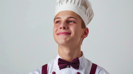 Portrait of a young boy wearing a chef hat and bow tie, smiling proudly in a white studio setting. Represents culinary talent, youth ambition, and hospitality training.