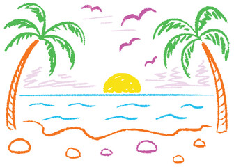 Obraz premium Tropical island beach with palm trees and a serene blue ocean under the summer sun, perfect for a relaxing vacation