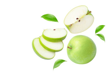 Green apple with slices on transparent background.	