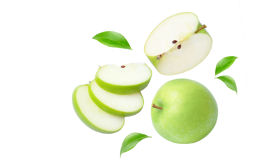 Green apple with slices on transparent background.	
