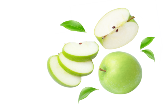 Green apple with slices on transparent background.	