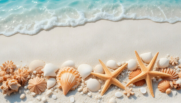 beach / sea themed banner or header with beautiful shells, corals and starfish on pure white sand - summer concept