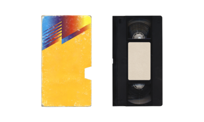 Blank retro design cover sleeve and VHS videocassette, front sides, mockup on transparent background