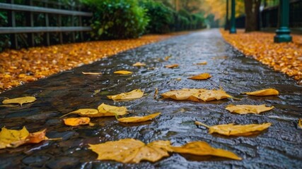 autumn leaves on the ground in a wet street