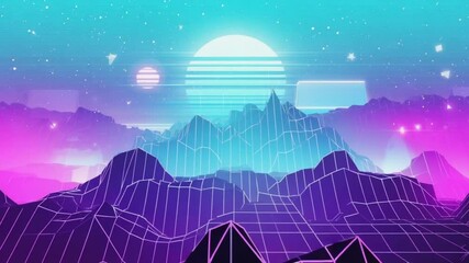 3D Synthwave terrain landscape, digital blue purple glow cyberspace laser neon grid floor perspective, abstract futuristic retrowave poster design, 80s retro arcade game style 4k video - Powered by Adobe