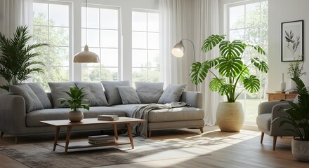 Modern Living Room Interior Design Sunlight, Plants Monstera and Palm, and Comfortable Furniture