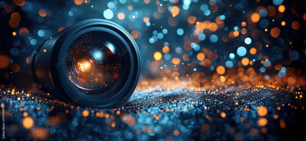 Poster camera lens with sparkling bokeh background creating a dreamy atmosphere