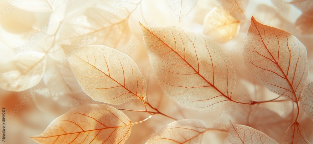 Poster delicate translucent leaves with intricate veins illuminated by soft light