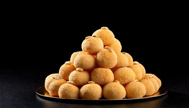 realistic photography of round indian sandesh premium sweets in piles front view with plain black background