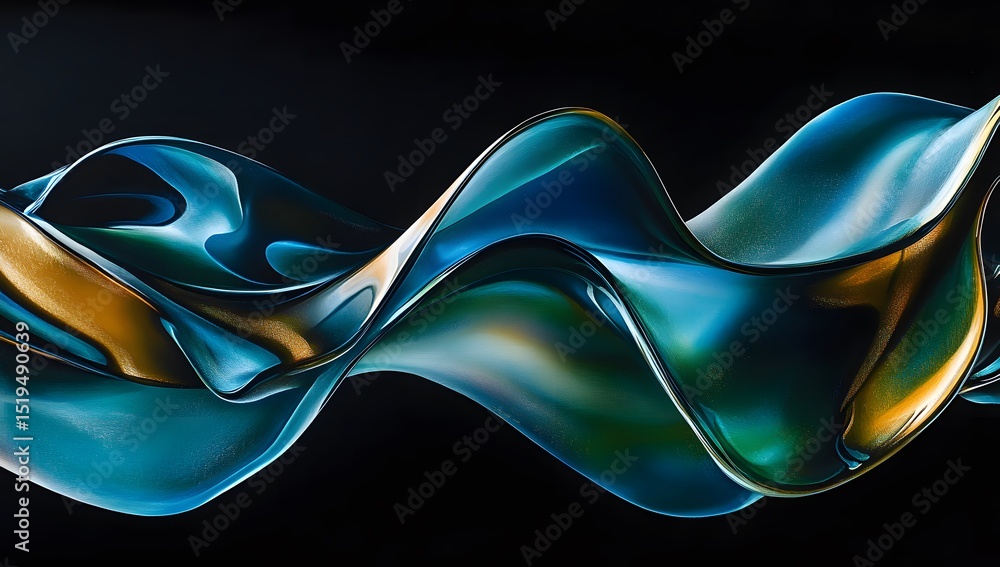 Poster abstract black background with teal and gold gradient shapes, close-up of an elegant curved object i