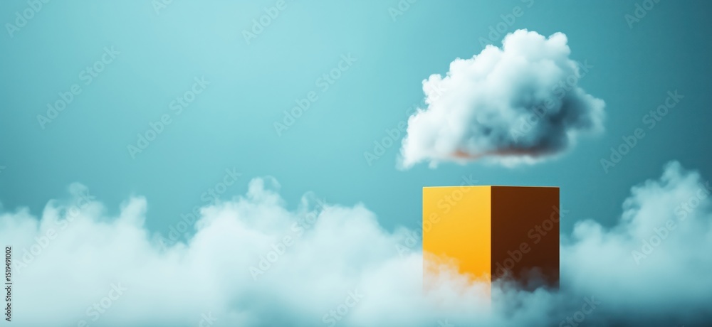 Poster orange cube surrounded by clouds with a single cloud floating above