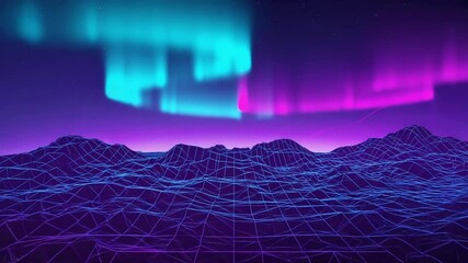 3D synthwave mountain landscape, blue purple neon glow, digital laser grid floor, dusk sky with glowing grid horizon, abstract laser auroras, retro arcade style, futuristic retro wave vibe - Powered by Adobe