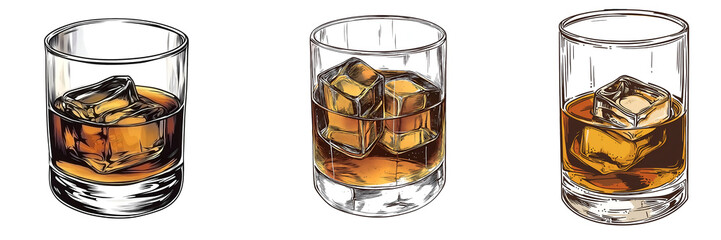 Set of various line drawing of a whiskey old fashioned isolated on transparent background