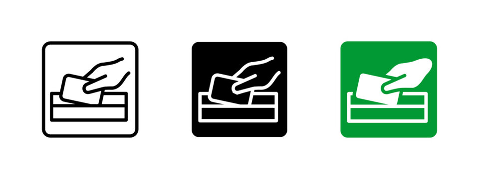 Card payment icon. Hand inserting card into slot vector illustration. Represents deposit and transaction terminal symbol. ATM and point-of-sale payment sign. Banking service pictogram.