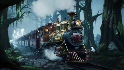 A glowing steampunk locomotive travels through a mystical forest, emitting steam as it lights up the surrounding trees. - Powered by Adobe