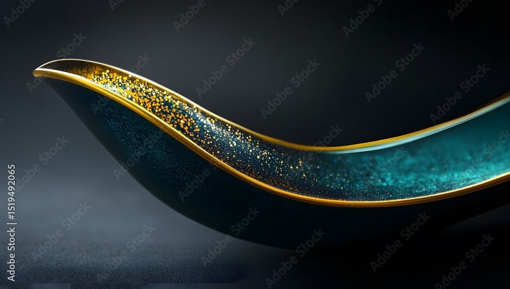 Poster abstract black background with teal and gold gradient shapes, close-up of an elegant curved object i