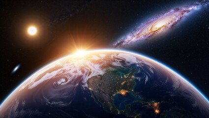 Naklejka premium An expansive view of Earth with galaxies illuminating the night.
