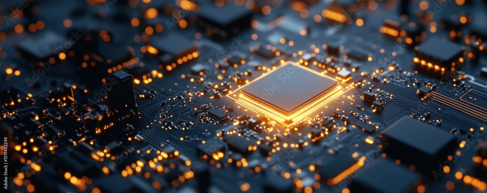 Poster close-up of glowing microchip on circuit board showcasing advanced technology and innovation