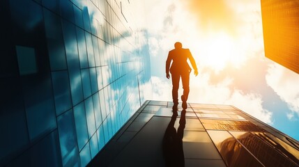 Businessman walking upward between skyscrapers