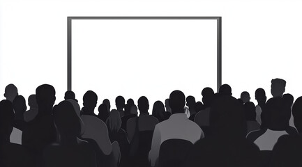 Silhouettes of an audience watching a large blank screen during a presentation or event.