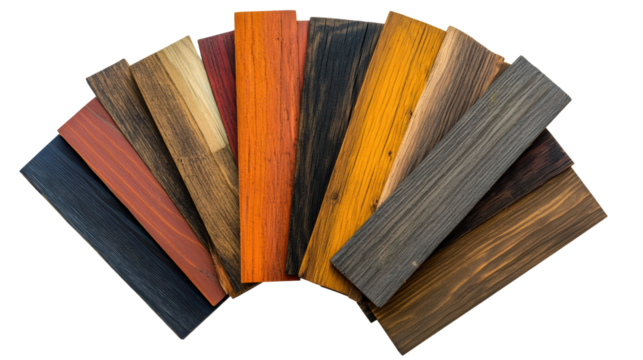 Colorful wooden planks arranged in a fan shape, showcasing various textures and shades on a white isolated background.