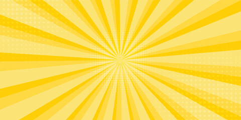 Obraz premium Yellow abstract background with light of sunburst. yellow starburst with halftone. sun ray retro background with flash