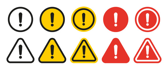 Attention safety warning vector symbol for risk management. Hazard caution sign for danger alerts. Exclamation mark icon set vector illustration.