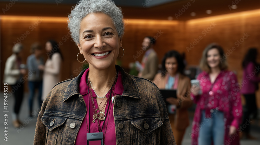 Fototapete Professionals smile and collaborate in a modern workspace setting during a business event. Participants engage in conversations while sharing ideas and building connections with one another