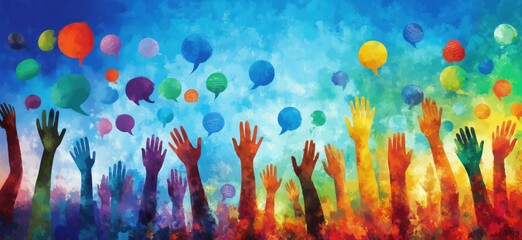 Colorful hands raised in celebration with speech bubbles representing communication and unity