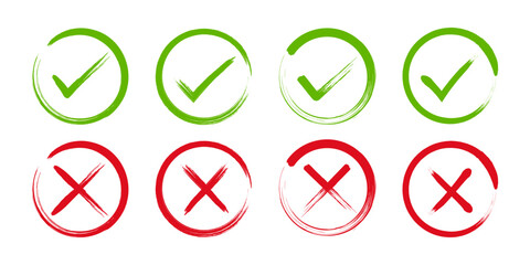 Check marks, tick and cross vector icons, and yes and no symbols. Grunge hand drawn style check marks and cross doodle icon set. Confirmation and rejection symbols in green and red.