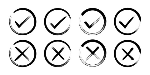 Black check mark and cross doodle icons. Tick, cross, yes, and no vector icon set. Graphic check mark and X symbols for verification and denial. Brush painted grunge vector graphic collection.