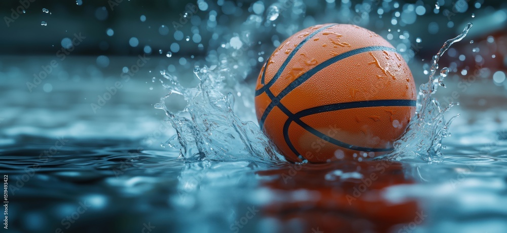 Poster basketball splashing in water creating dynamic ripples and droplets