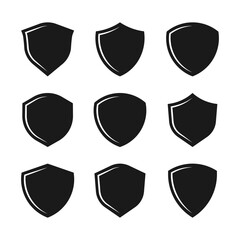 Shield icon set vector. Protection shapes. Ideal for logo, crest, badge, symbol, emblem, etc. design projects. Protective security flat icons for quality, safety, defense, and certification visuals.