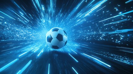 Futuristic soccer ball hurtling through hyperspace with radiant energy trails