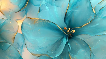 Turquoise and aqua smears combined with gold highlights, forming fluid, painterly petals in an abstract floral composition with shimmering depth.